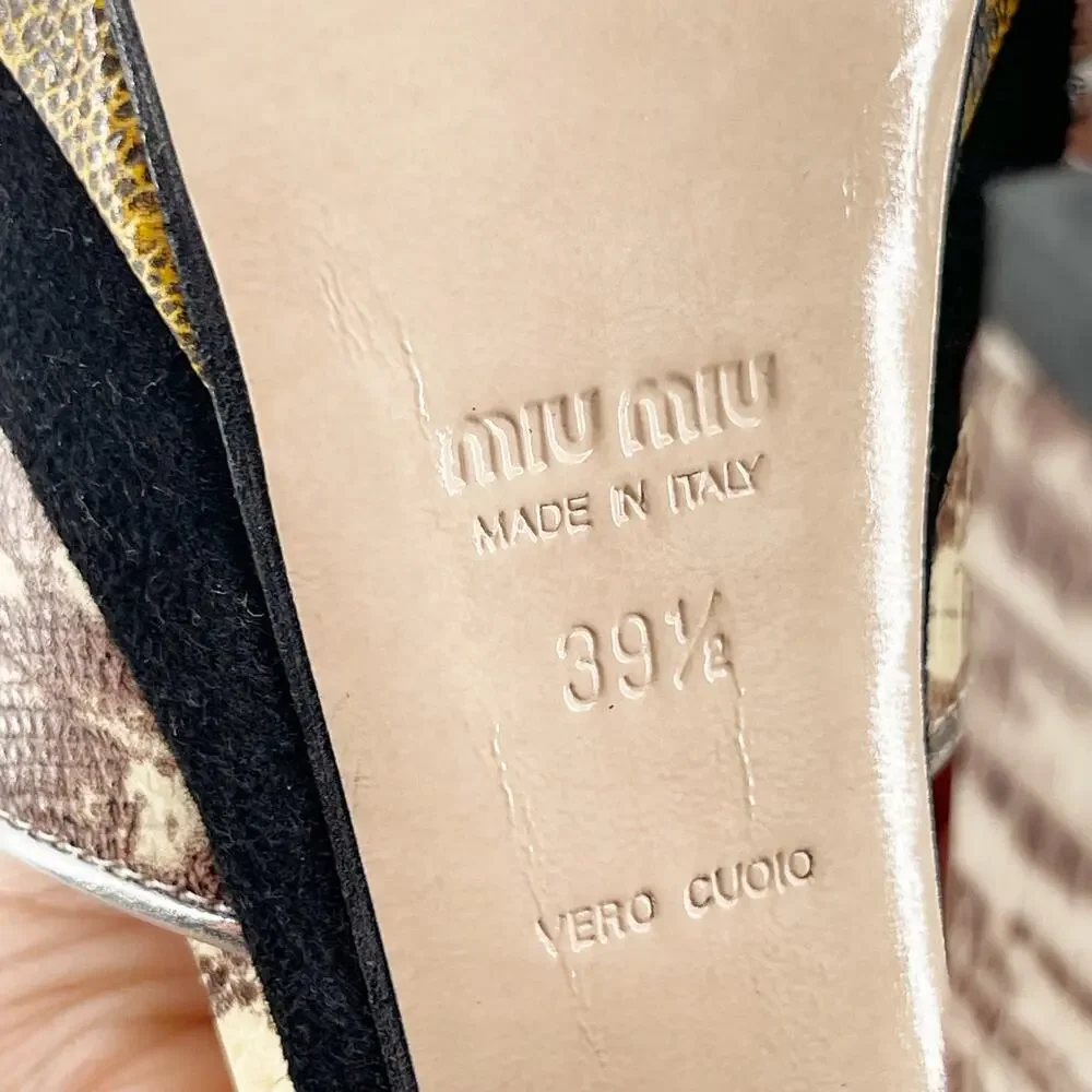 Miu Miu Beige Black Gold Teju Lizard Embossed Platform Sandals Heels IT 39.5